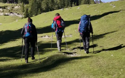 Tre escursionisti con zaini e bastoncini affrontano un sentiero in salita, godendosi i **percorsi trekking toscana**.