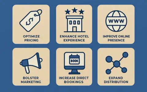Sześć ikon: optymalizacja cen, ulepszenie doświadczeń hotelowych, obecność online, marketing, zwiększenie **direct booking** i dystrybucja.