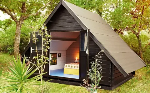 Aménagement abri de jardin : une cabane moderne en bois noir avec une porte ouverte révélant un lit douillet et des tableaux.