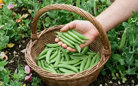 Main d'un jardinier récoltant des pois gourmands dans un panier en osier. La culture des pois gourmands est florissante, avec des fleurs roses et jaunes en arrière-plan.