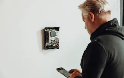 Man med mobil kontrollerar enhet för energisk lastbalansering via wifi.