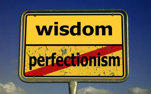 Znak drogowy z napisem "wisdom" na górze i przekreślonym "perfectionism" na dole. Symbolizuje odrzucenie perfekcjonizmu na rzecz mądrości.