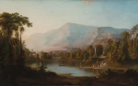 A lush landscape painting, reminiscent of Hudson River School american art movements, features a serene lake with boats, a waterfall, and distant mountains.