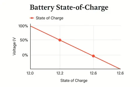 Graph shows car battery voltage decreasing as state of charge drops. A full charge is 100% at 12.6V.