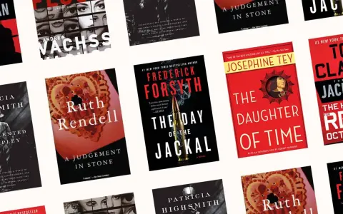 Collage aus Buchcovern von Thriller-Autoren wie Ruth Rendell, Frederick Forsyth und Patricia Highsmith.
