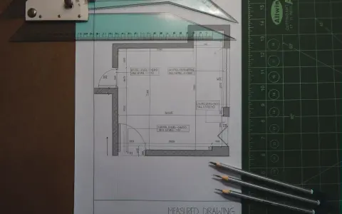 Ritprogram hus med linjal och pennor. En detaljerad planritning av ett hus visas, med mått och nivåer angivna.