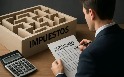 Hombre de traje frente a un laberinto con la palabra "IMPUESTOS". Sostiene un papel con "AUTÓNOMO" y una calculadora.
