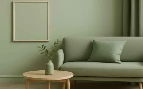 Salon paisible avec canapé et table basse, le tout dans une douce **couleur vert sauge**. Un cadre vide attend d'être rempli.