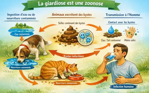 Schéma expliquant la transmission de la giardiose : des animaux excrètent des kystes dans leurs selles, contaminant l'eau et la nourriture, menant à l'infection humaine.