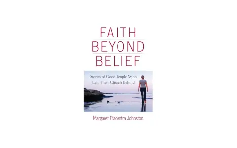 Faith Beyond Belief" book cover. A woman walks away from the viewer towards a serene ocean, symbolizing a personal journey of faith.