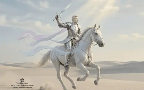 Un caballero en armadura plateada, montado en un caballo blanco, levanta una espada. Representa que significa el caballo de espadas en el tarot: acción y verdad.