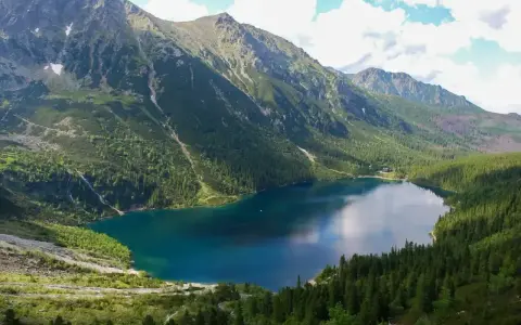 Piękne Morskie Oko w Tatrach. Czy szlak na Morskie Oko jest otwarty? Tak, widać turystów i łódki.