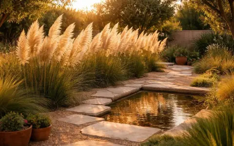 Goldene Abendsonne beleuchtet Pampasgras am Teichrand. Ein Steinpfad führt durch den Garten, der einen perfekten Pampasgras Standort zeigt.