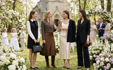 Eleganckie stylizacje na komunię: czarne sukienki, garnitury i satynowe spódnice. W tle kościół i dzieci w strojach komunijnych.
