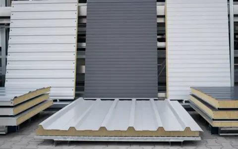 Panele warstwowe o podwyższonej odporności na korozję, klasa korozyjności C5, w odcieniach szarości i bieli, gotowe do montażu.
