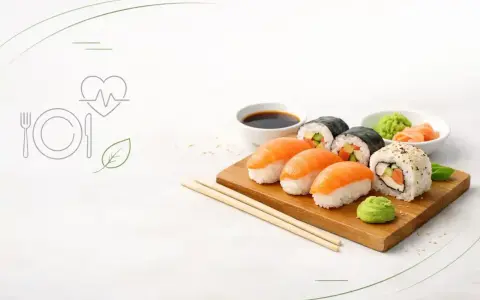 Sushi na desce, z sosem sojowym i wasabi. Poznaj sushi wartości odżywcze i ciesz się zdrowym posiłkiem.