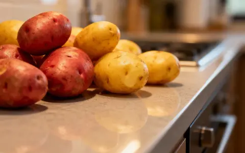 Ein Haufen roter und gelber Kartoffeln liegt auf einer Arbeitsplatte, bereit für ein köstliches Gericht in einem Kartoffel-Restaurant.
