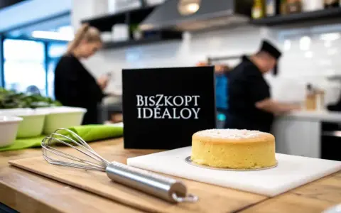 Idealny biszkopt czeka na włożenie do nagrzanego piekarnika. Obok trzepaczka i tabliczka "Biszkopt Idealoy".