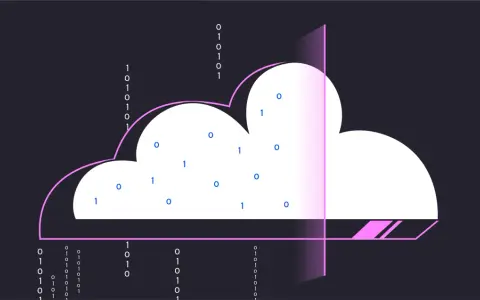 Binary code streams surround a cloud graphic, symbolizing data-driven cybersecurity and the protection of digital information.