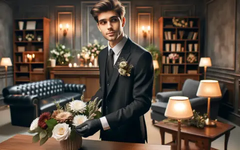 Giovane necroforo in abito elegante sistema fiori, il suo stipendio è modesto ma il suo lavoro è svolto con dignità.