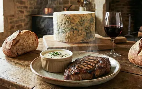 Un steak grillé fumant servi avec une sauce onctueuse à la Fourme d'Ambert, du pain artisanal et un verre de vin rouge.