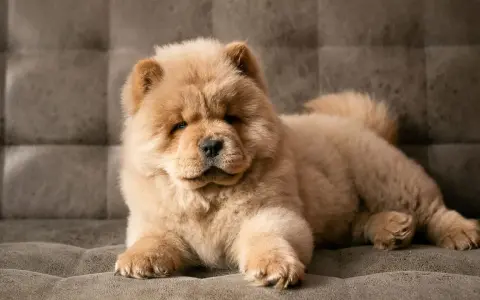 Urocza chow chow miniaturka leży na kanapie, wyglądając jak pluszowa zabawka.