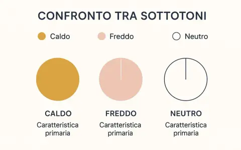 Confronto sottotoni pelle: cerchi colorati indicano caldo (giallo ocra), freddo (rosa pesca) e neutro (contorno blu).
