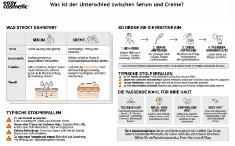 Serum ist leicht & konzentriert, Creme bildet Schutzschicht. Für trockene Haut nur Serum statt Creme ist nicht genug.