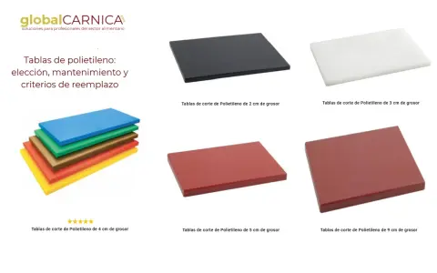 Variedad de tablas de cocina de polietileno en distintos colores y grosores, ideales para tu negocio.