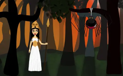 W lesie bogini Atena staje naprzeciwko pająka, nawiązując do mitu o Arachne.