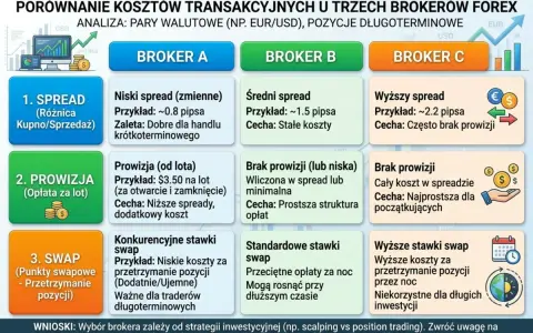 Porównanie kosztów u brokerów Forex: niski, średni i wysoki spread. Wybór zależy od strategii, np. scalping vs. trading długoterminowy.