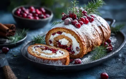 En vackert dekorerad rulltårta med grädde och lingon, perfekt för ett juligt rulltårta recept.