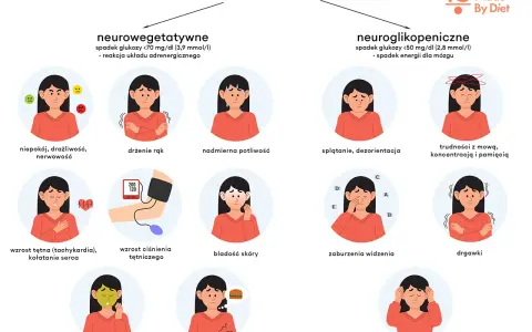 Ilustracja przedstawia objawy hipoglikemii reaktywnej: niepokój, drżenie rąk, poty, splątanie, trudności z mową, kołatanie serca, bladość, nudności, głód, zaburzenia widzenia, drgawki, utratę przytomności.