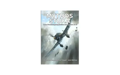 Ein Stuka-Flugzeug im Sturzflug, Bomben fallen. Titel: "Mythos Stuka".