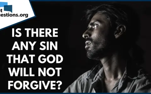 A man looks upward, questioning if God forgives all sins. The text asks, "Is there any sin that God will not forgive?