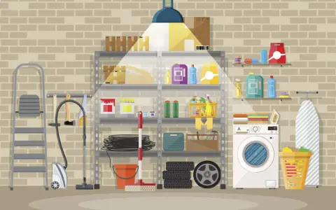 Étagères bien rangées, outils, aspirateur, machine à laver et panier à linge : une belle idée aménagement cave pour tout organiser.