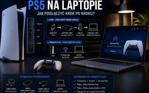 Instrukcja jak grać na laptopie z PS5 przez Remote Play. Pokazano połączenie HDMI i opcję Remote Play przez Wi-Fi/LAN.