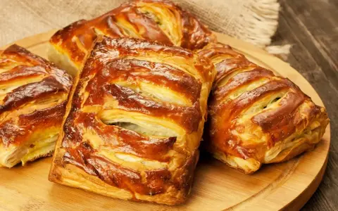 Złociste, pieczone ciasto francuskie z nadzieniem, ułożone na drewnianej desce.