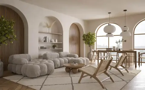 Przytulny salon z pufiastą sofą i plecionymi fotelami. Ciepłe odcienie bieli dominują w aranżacji, tworząc spokojną atmosferę.