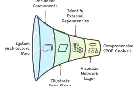 A funnel diagram illustrating steps for comprehensive SPOF analysis: System Architecture Map, Document Components, Identify External Dependencies, Illustrate Data Flows, Visualize Network Layer.