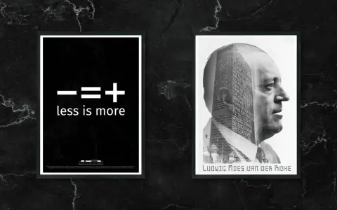 Due poster su sfondo nero marmorizzato. Uno con "less is more traduzione" e l'altro con il volto di Mies van der Rohe sovrapposto a un grattacielo.