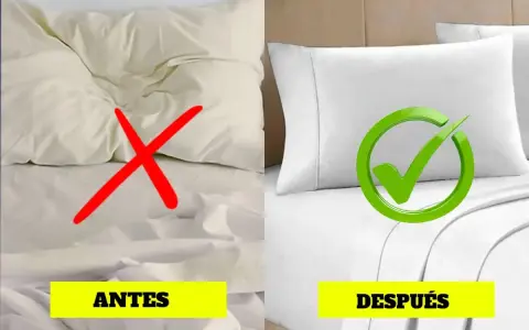 Lado izquierdo: sábanas amarillentas y arrugadas con una X roja. Lado derecho: sábanas blancas y lisas con una marca de verificación verde.