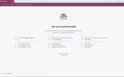 W oknie prywatnego przeglądania Opera informuje, jak włączyć lokalizację w przeglądarce, wyjaśniając, co jest widoczne, a co usuwane.