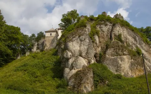 Ruiny zamku w Ojcowie, wznoszące się na skalistym wzgórzu, otoczone bujną zielenią.
