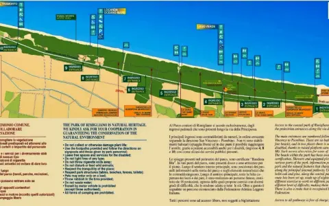 Mappa del parco di Rimigliano con ingressi numerati, servizi, sentieri e aree naturali.