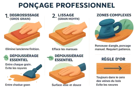 Guide pour poncer un plan de travail : dégraissage, lissage, zones complexes. Nettoyer entre chaque grain pour éviter les rayures. Toujours poncer dans le sens des veines du bois.