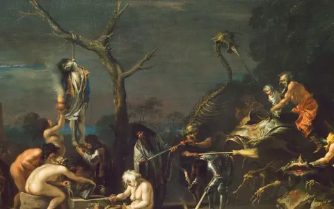 Szene der Hexenverfolgung: Eine Person hängt an einem Baum, während andere Hexen und Dämonen bei einem Ritual agieren.