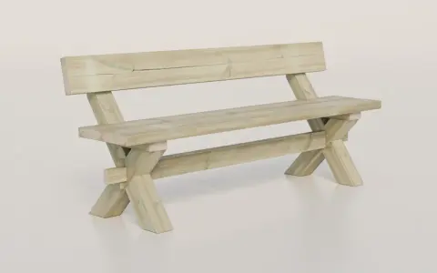 En robust träbänk med ryggstöd, perfekt för trädgården eller uteplatsen.