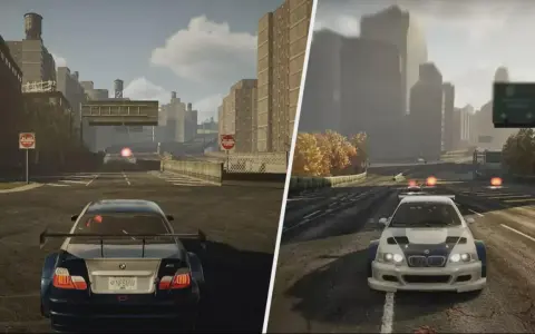 Dwie sceny z gry Need for Speed Most Wanted remake: po lewej BMW M3 z tyłu, po prawej BMW z przodu.