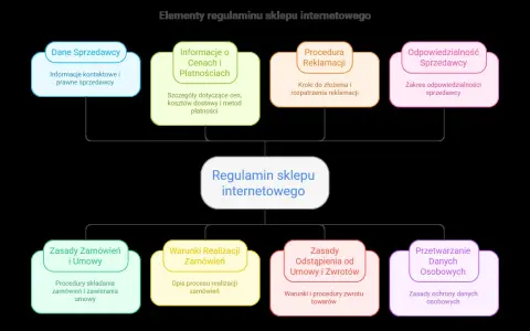 Schemat pokazuje, jak napisać regulamin sklepu internetowego, uwzględniając dane sprzedawcy, ceny, reklamacje, zamówienia, zwroty i dane osobowe.